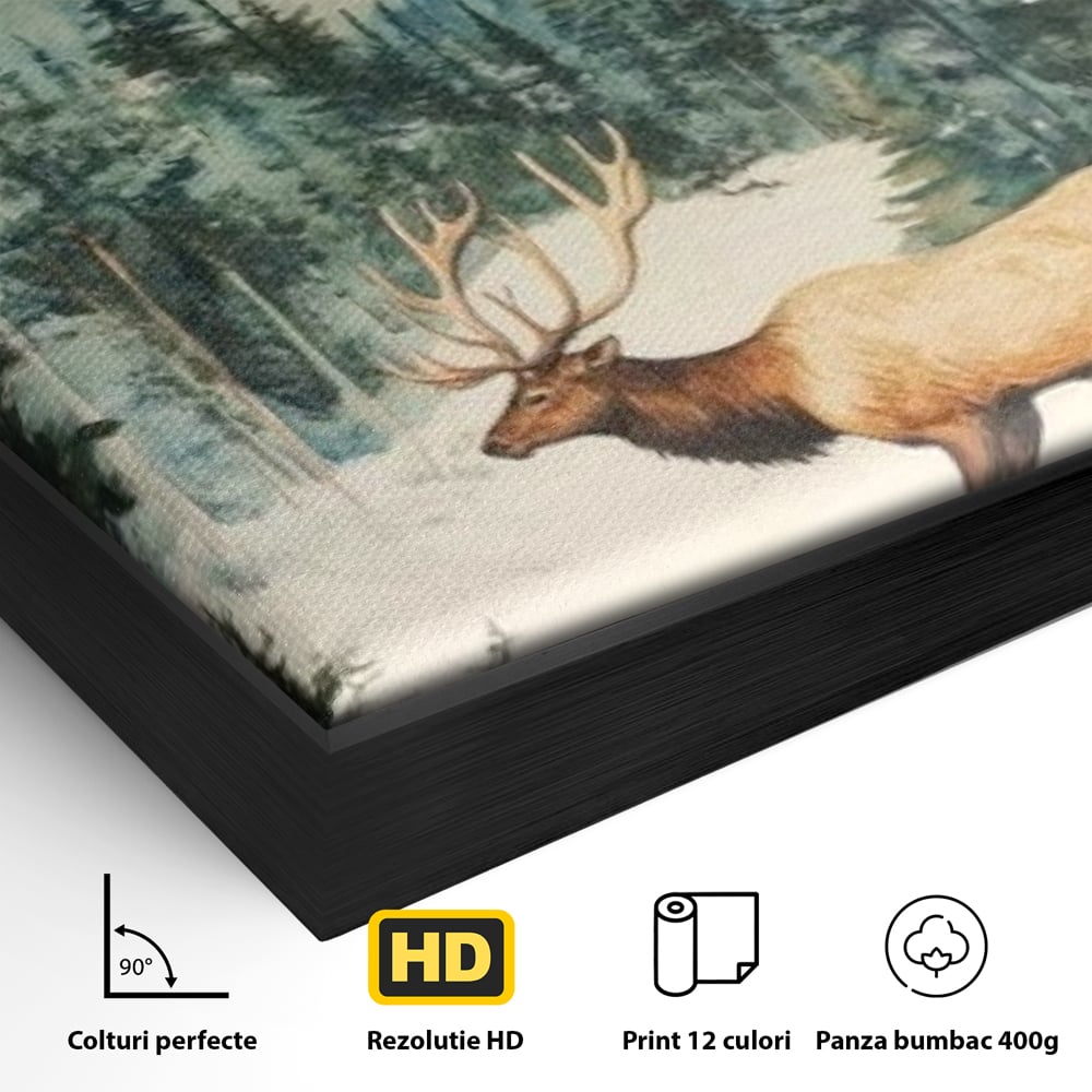 Detaliu al suprafetei: tablou canvas cu cerb in zapada, in rama de aluminiu negru